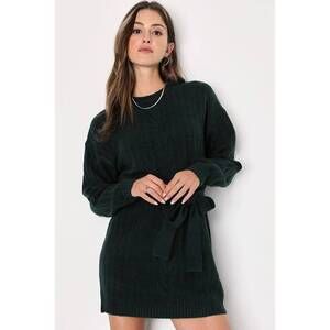 Lulus Wishing On Winter Emerald Green Cable Knit Mini Sweater Dress - Size L